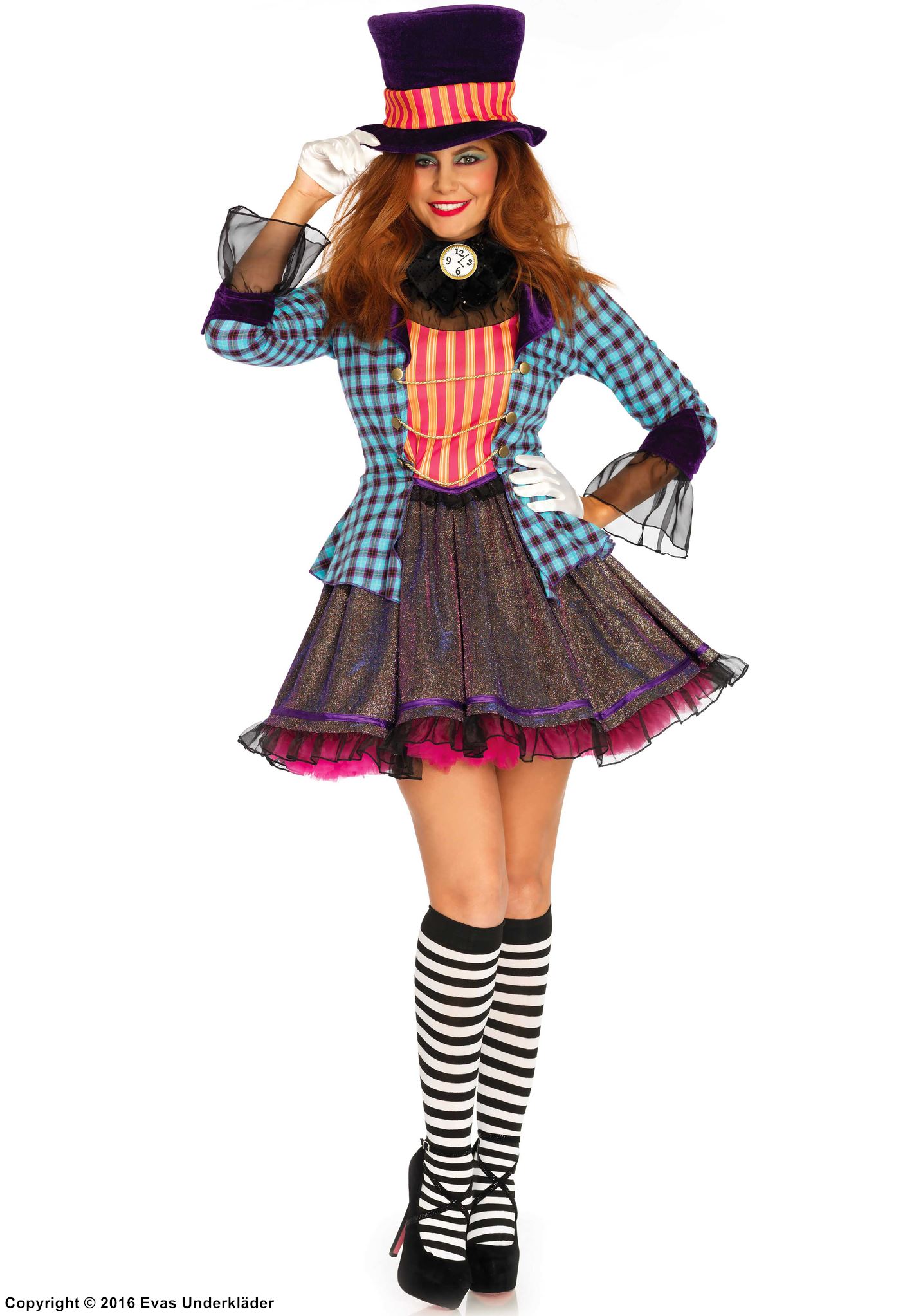 Female Mad Hatter, costume dress, glitter, checkered pattern